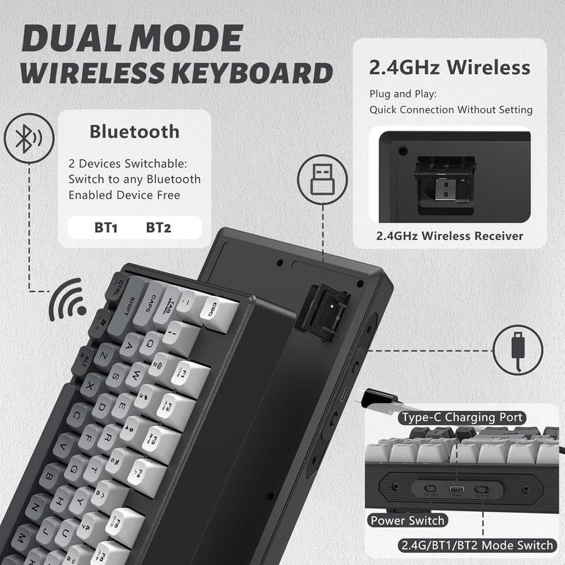 FREEWOLF M87 Wireless/BT Dual Modes Manbrane Gaming Keyboard 87 Keys Layout Type-C Rechargeable PBT Keycaps with Cool Rainbow Backlit  for PC Mac Linux