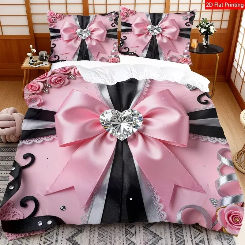 3-Piece Decorative Printed Bedding Set, Digital Print Quilt Cover, Bow Flower Diamond Design, Soft Comfortable, Ideal for Bedroom, Hotel, Valentine's Gift