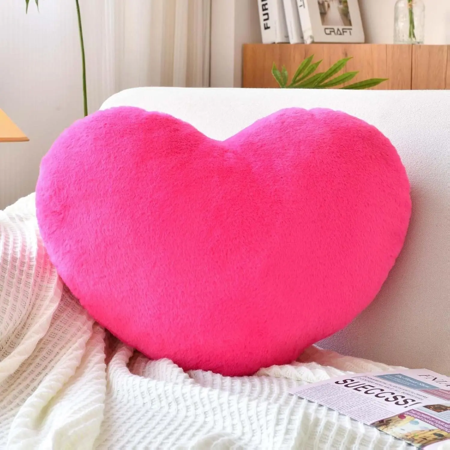 Mini Hot Pink Heart-Shaped Throw Pillow – Cute Faux Rabbit Fur Plush Cushion for Bed, Sofa, Chair, Living Room (12.9" x 9.8")