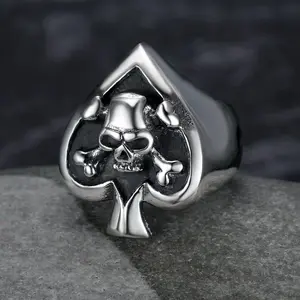 Men's Retro Bold Poker Skull Ring - Stainless Steel Jewelry, Goth, Alternative Artistic, Anti-Rust Steel, Goth Rings