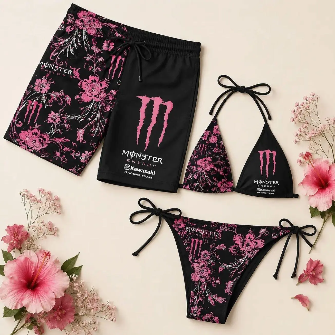 Matching Monste Floral Couple Swimwear Sets - Women's Swim Bra & Tie-Side Thong Bikini, Men's Beach Shorts, Summer Vacation Hawaiian Sports Swimwear