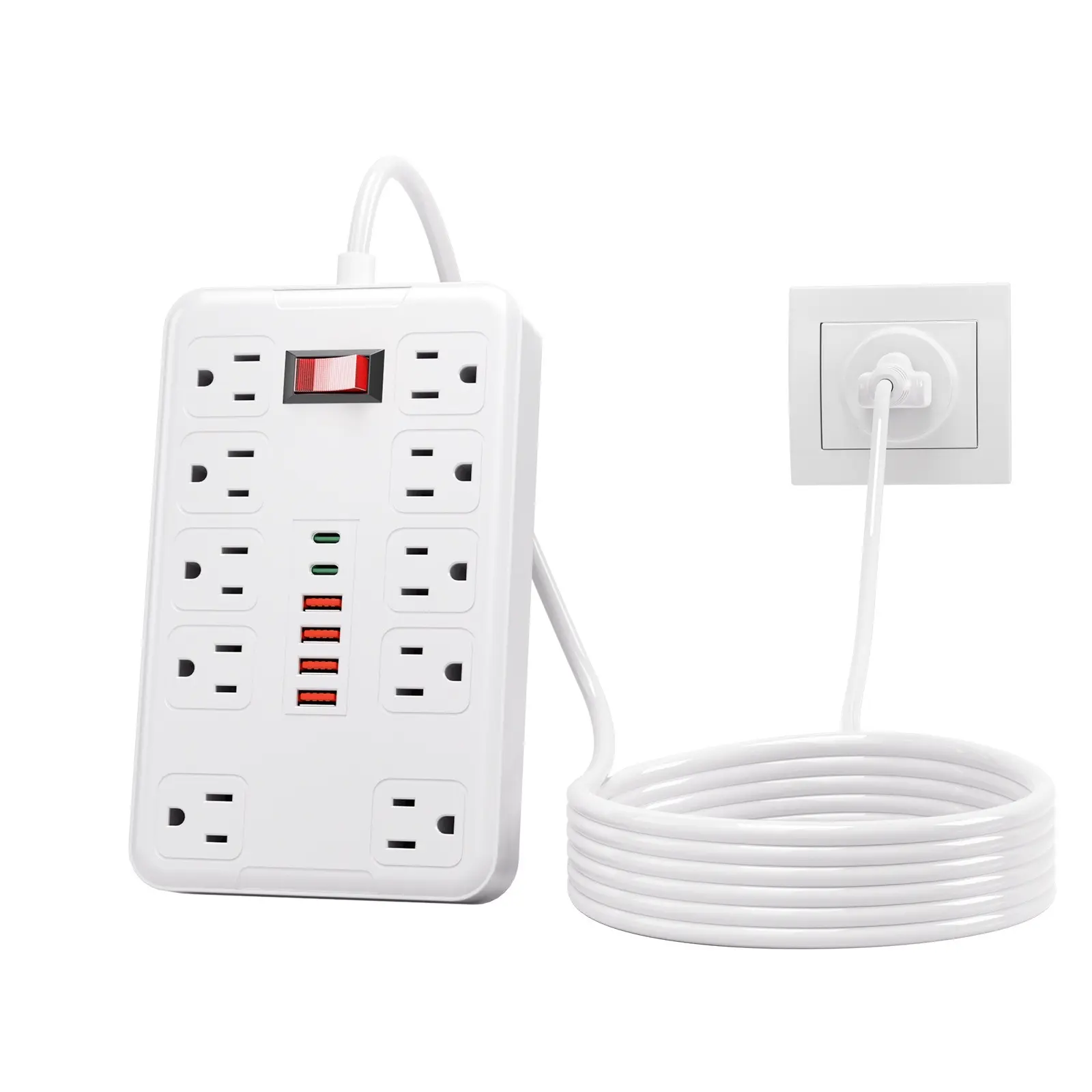US PLUG 16-in-1 Power Strip with Surge Protection and One-Touch Control Switch Wall-Mountable Extension Cord for Office, Study, Home, and School Use - US Plug, 110V-220V Rectangle Power Supply with Overload Protection