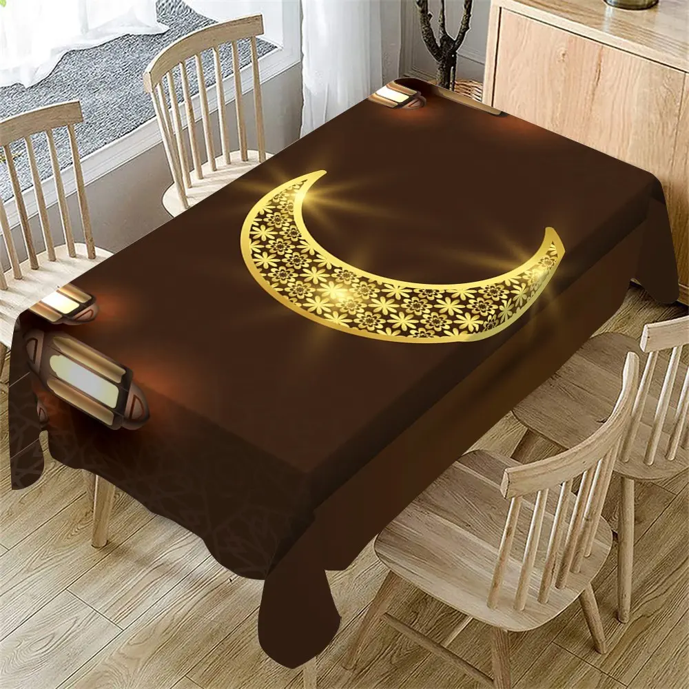 1 Pc Ramadan Tablecloth, Ramadan Theme Tablecloth, Eid al-Fitr Golden Lantern Vintage Pattern Washable Table Cover Holiday Kitchen Dining Table Decor For Home Party Decor, Picnic Table Cover