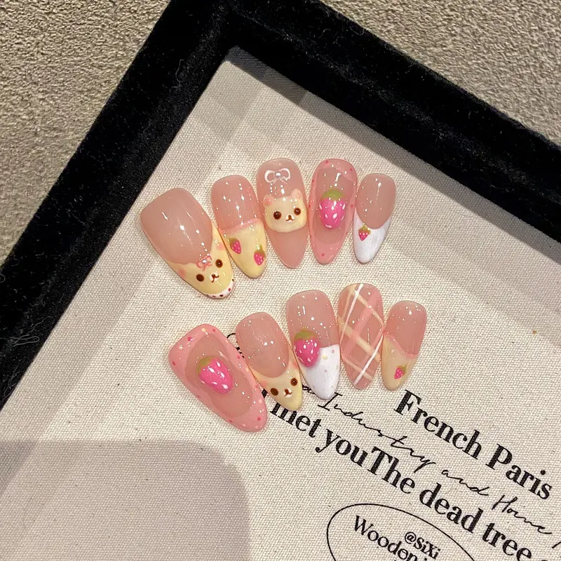 Women's Cute Strawberry Motif Handmade Press On Nails Kit - 10-Piece Acrylic Fake Nails, Ellipse or Square Shapes, for Sweet Looks, Handmade Press Ons, Fake Nail