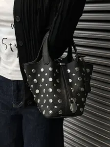 Women's Punk Inspired Studded Decor Handbag, Casual Versatile Handbag Satchel Purse With Lock Design, All-match Handbag For Daily Use, Gifts For Girlfriend