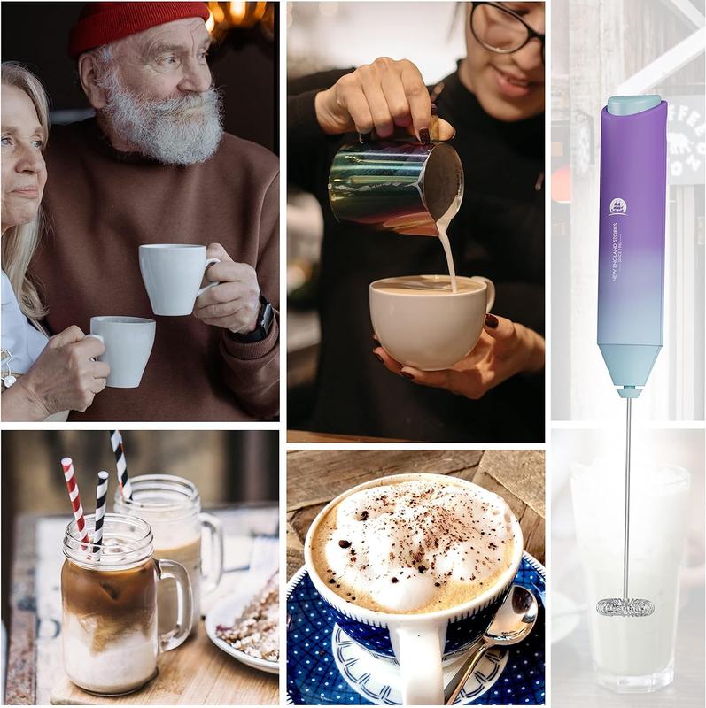 New England Stories Powerful Handheld Milk Frother Wand Stainless Steel Whisk Battery Operated for Coffee Lattes Cappuccinos & Matcha
