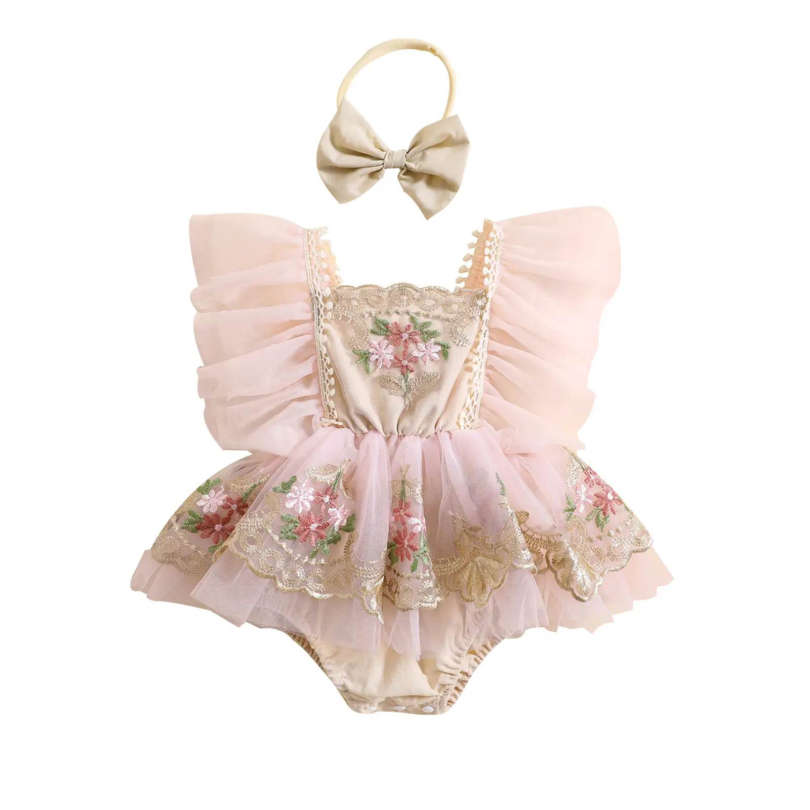 Newborn Baby Girl Romper Dress Floral Fly Sleeve Mesh Bodysuit Butterfly Tulle Headband Set Infant Clothes