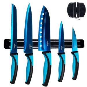 Kitchen Knife Set Kit | Blue Handle, Blue Blade & Black Magnetic Rack