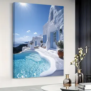2D flat painting, 2D flat painting, 2D flat painting. A beautiful 2D canvas painting, the White House and swimming pool, oil painting, poster, wall decoration, living room, decorative painting, solid wood frame, 16*24inch, 24*36inch