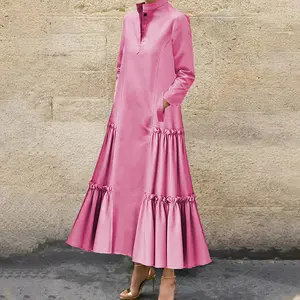 A-Line Long Sleeves Buttoned Layered Pleated Pockets Ruffled Solid Color Split-Joint Stand Collar Maxi Dresses