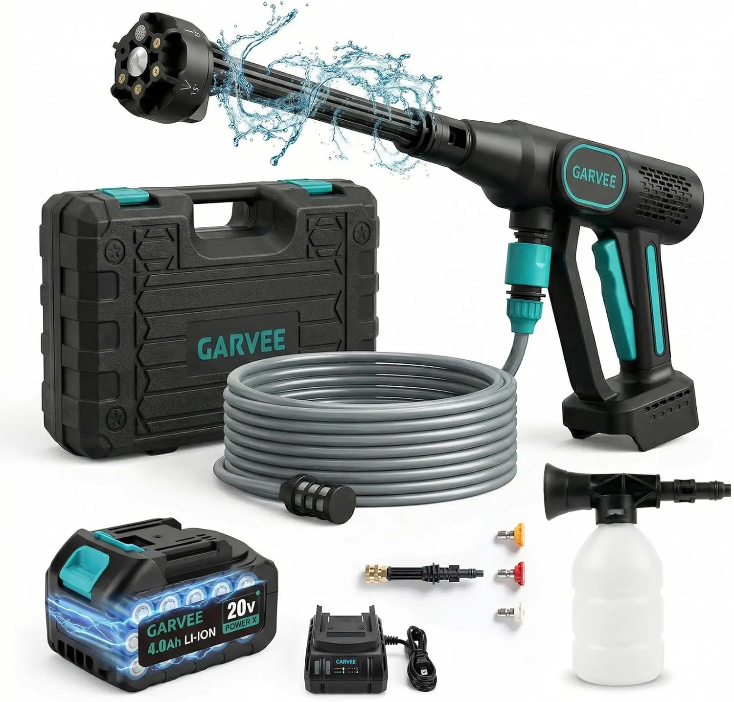 Cordless Portable Pressure Washer - 500 PSI, 2.0 GPM, 4.0Ah Lithium-Ion Battery & Charger, 6-in-1 Nozzle, 26FT High-Elastic Flexible Hose, Handheld Outdoor Tool for Car, Patio, Indoor Furniture Maintenance