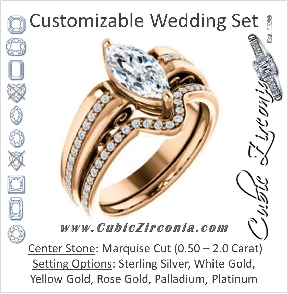 CZ Wedding Set, featuring The Atia engagement ring (Customizable Marquise Cut Design with Three-sided Channel Pavé Band)