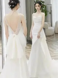 BRAND NEW: pearl suspender backless welcome evening dress skirt 2024 new small trail French satin light wedding dress bridal simple Formal Sleeveless Elegant Formal Wear Hip Party Piece Sexy Womenswear Strap Style Underwear