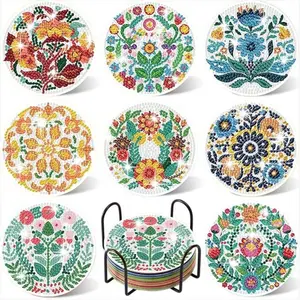 8-Piece Diamond Painting Coasters Set, Glittering Water Drill Heat-Resistant Drink Mats with Stand, DIY Craft Supplies for Beginners