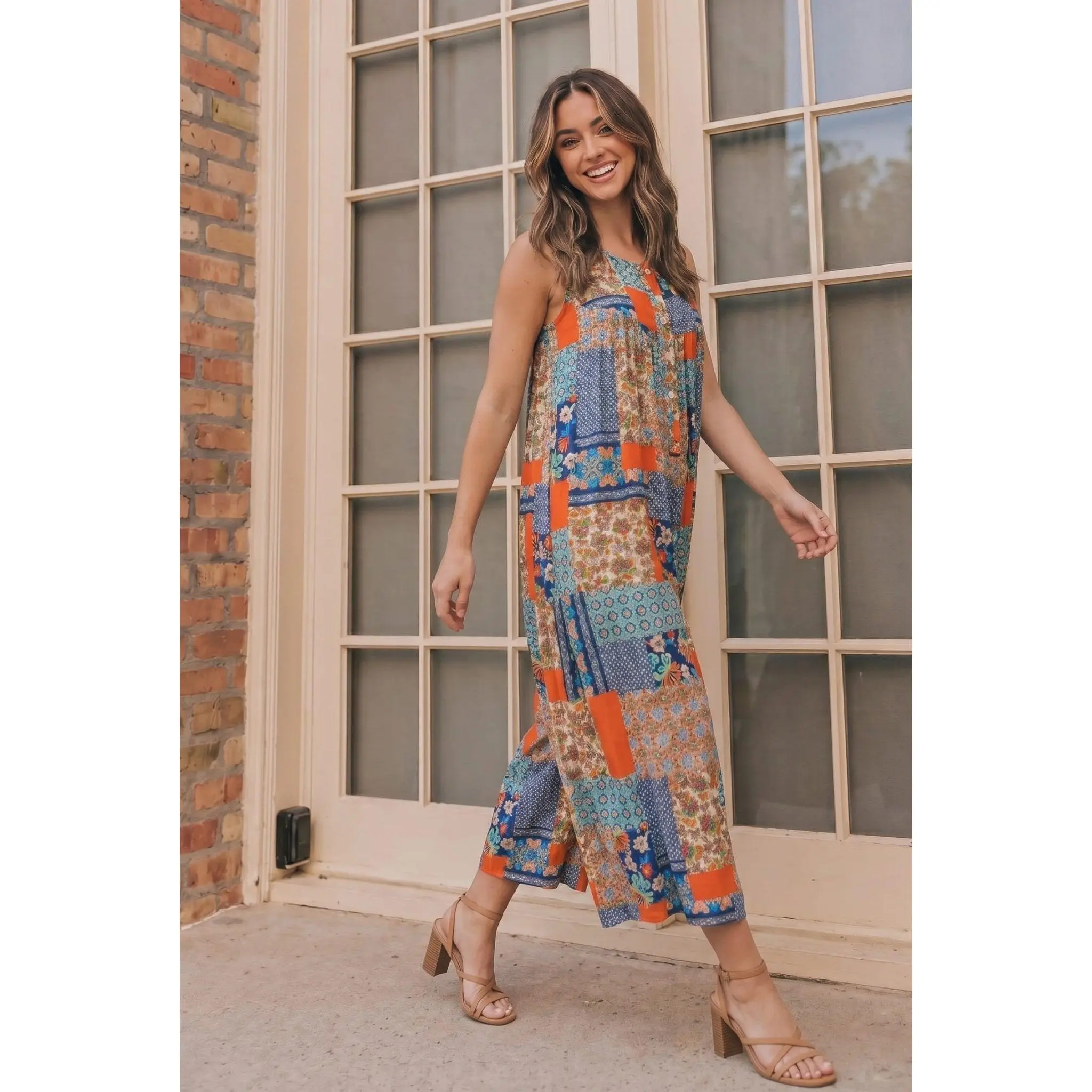 Women's Vintage Polyester Halter Jumpsuit Overalls - Jacket-Inspired Stylish Suit with Attached Bag, Denim Patchwork Hoop Earrings Vibe Accent