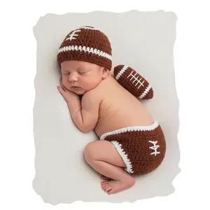 Newborn Photography Props Rugby Football Themed Crochet Infant Baby Girls Boys Photoshoot Outfit (Hat, Diaper Cover, ball)
