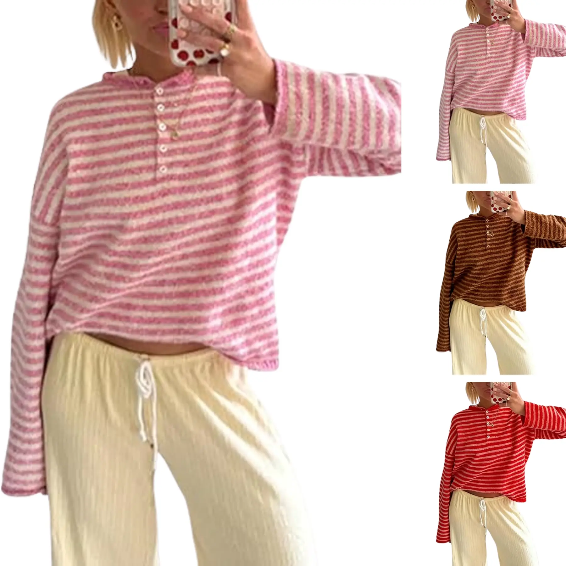 SCUSTY Women Fuzzy Wool Blend Striped Henley Sweater Oversized Long Sleeve Half Button Knit Pullover Soft Brushed Casual Top For Spring Fall Daily Loungewear