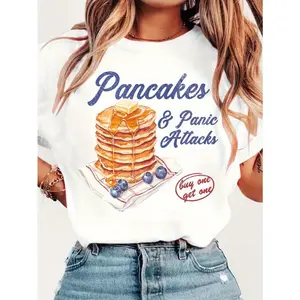 Pancakes And Panic Attacks Graphic Tee Womens Funny Breakfast Shirt Cute Vintage Style Soft Casual Short Sleeve Crewneck Top For Brunch Weekend Outfit