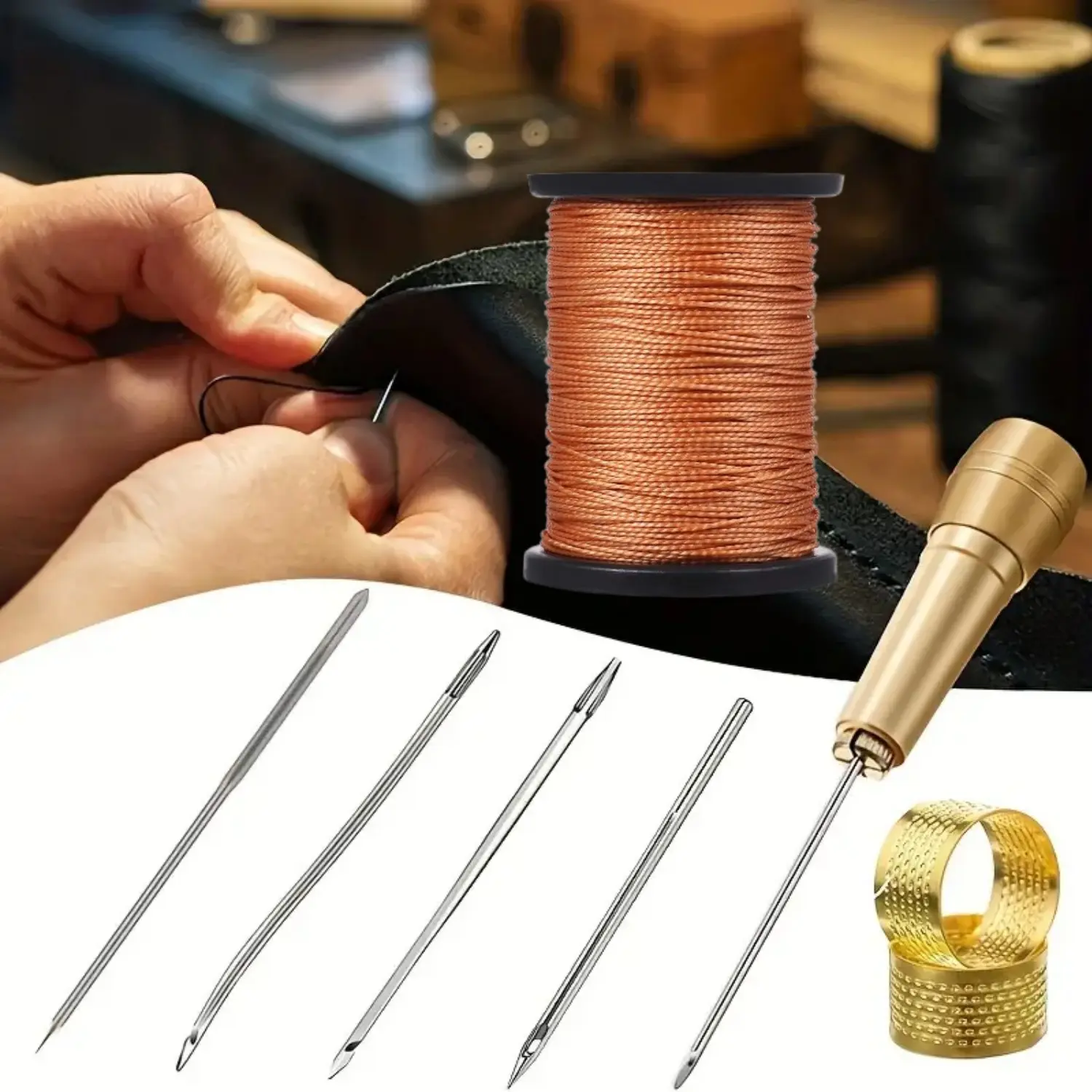 Leather Sewing Awl Needle Kit with Changeable Tip (10 Pieces Total: 6 Different Sewing Needles, Copper Handle, 2 Thimbles), 50 m Long Nylon Cord Thread - Sewing Supplies Crafts for Upholstery, Shoe Repair