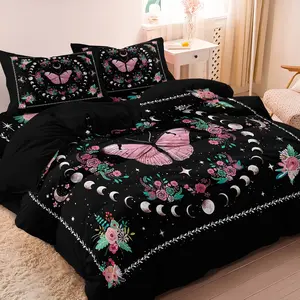 3pcs Orange Butterfly And Crescent Moon Starlight Design Bedding Se,Plant And Flower Circle Digital Printing Decorative Duvet Cover,(Including 1 Duvet Cover & 2 Pillowcases,No Core),Bedding Set For Home Bedroom Hotel,Duvet Cover Sets