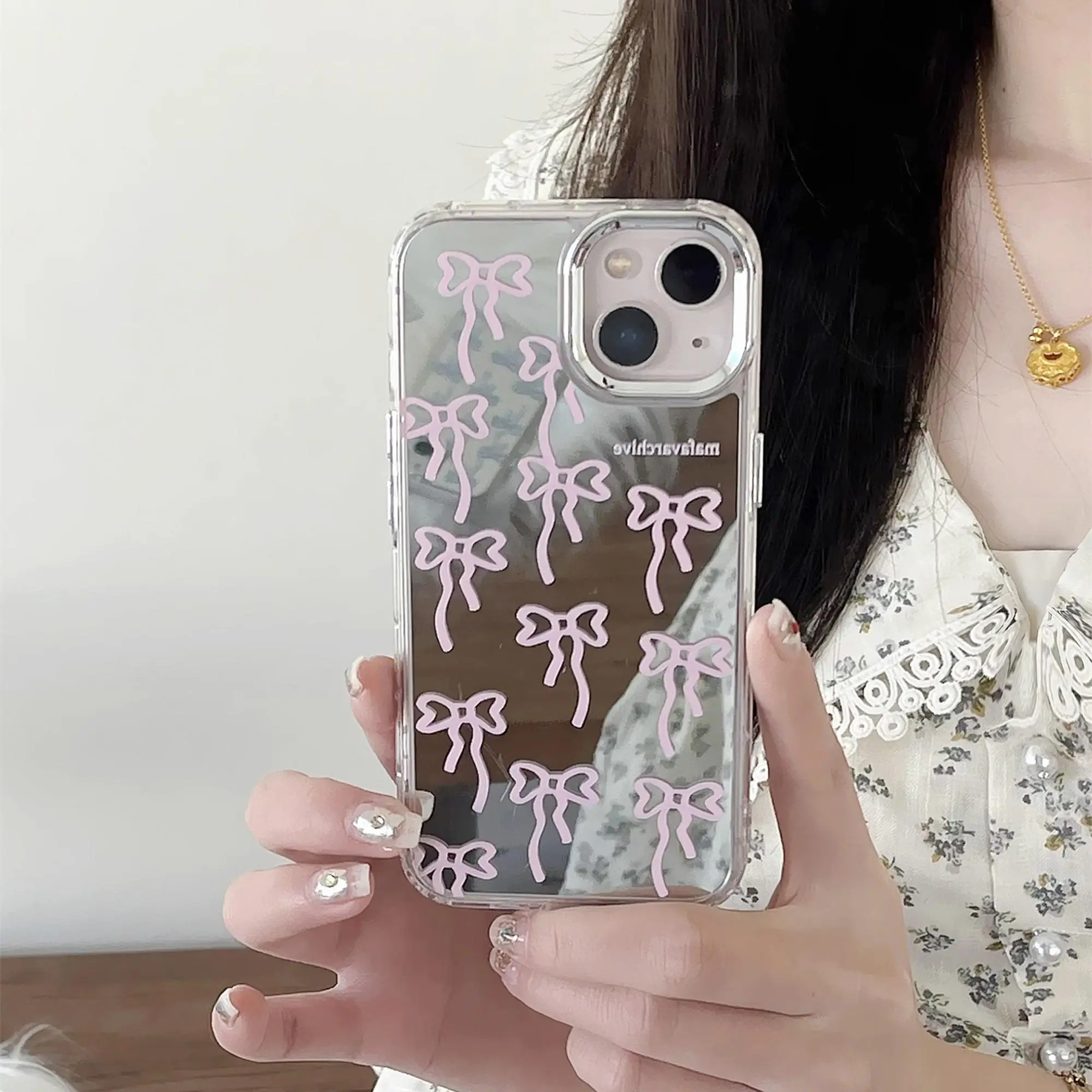 Aesthetic Bowknot Pattern Mirror Cellphone Case, Shockproof Decorative Smartphone Protector Cover, Phone Protection Accessories Compatible With iPhone