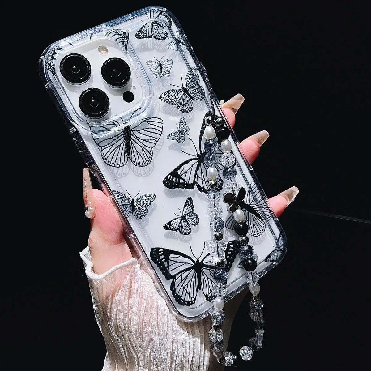 Butterfly Pattern Phone Case with Beaded Lanyard, Decorative Phone Protector Cover, Phone Accessories Compatible with iPhone 11 12 13 14 15 Pro Max Se