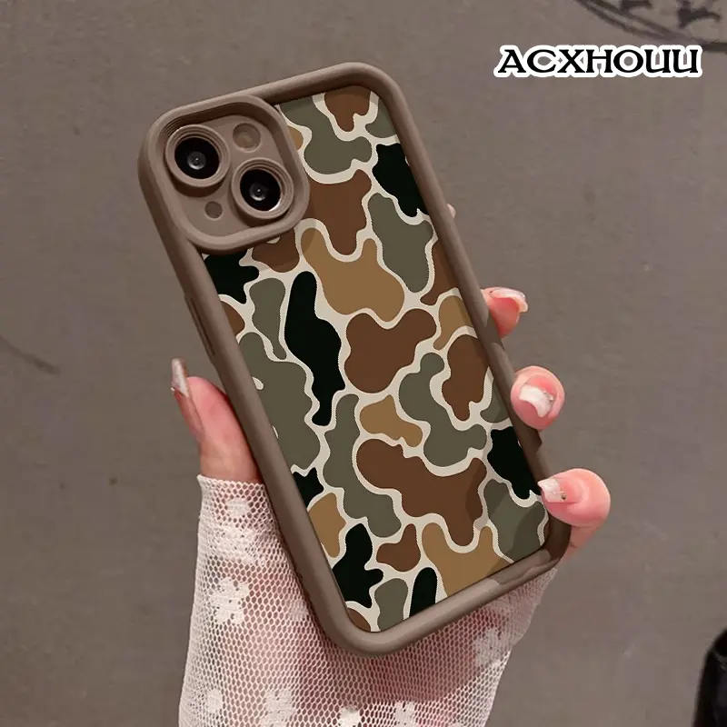 Aesthetic Protective Casing for iPhone 17,16 E Pro Max,15 Plus,14,13,12,11,XS,XR - Brown Camo Pattern, Lightweight Shockproof TPU Silicone Bumper, Anti-Drop Soft Cover, Handheld Cellphone Accessory