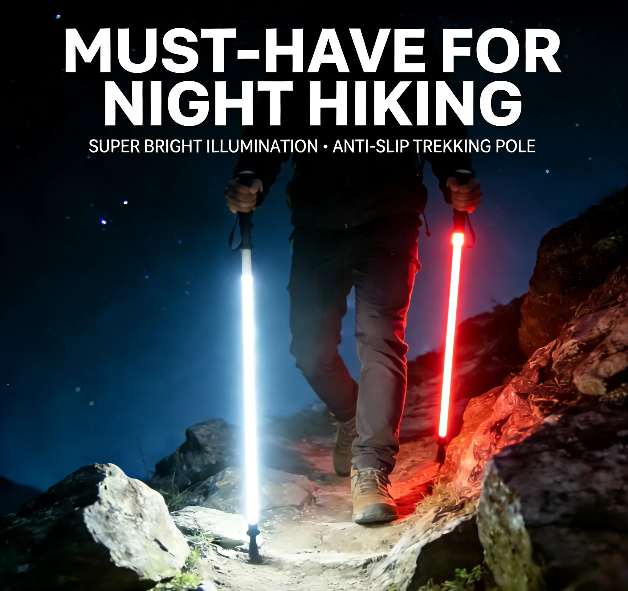 Laser Saber Style Hiking Sticks - Non-Foldable Camping Trekking Poles, Adjustable Waterproof Aircraft Aluminum, Built-in LED Light Strip, Anti-Slip Grip, Photo-Ready for Night Hiking, Father's Day Gifts