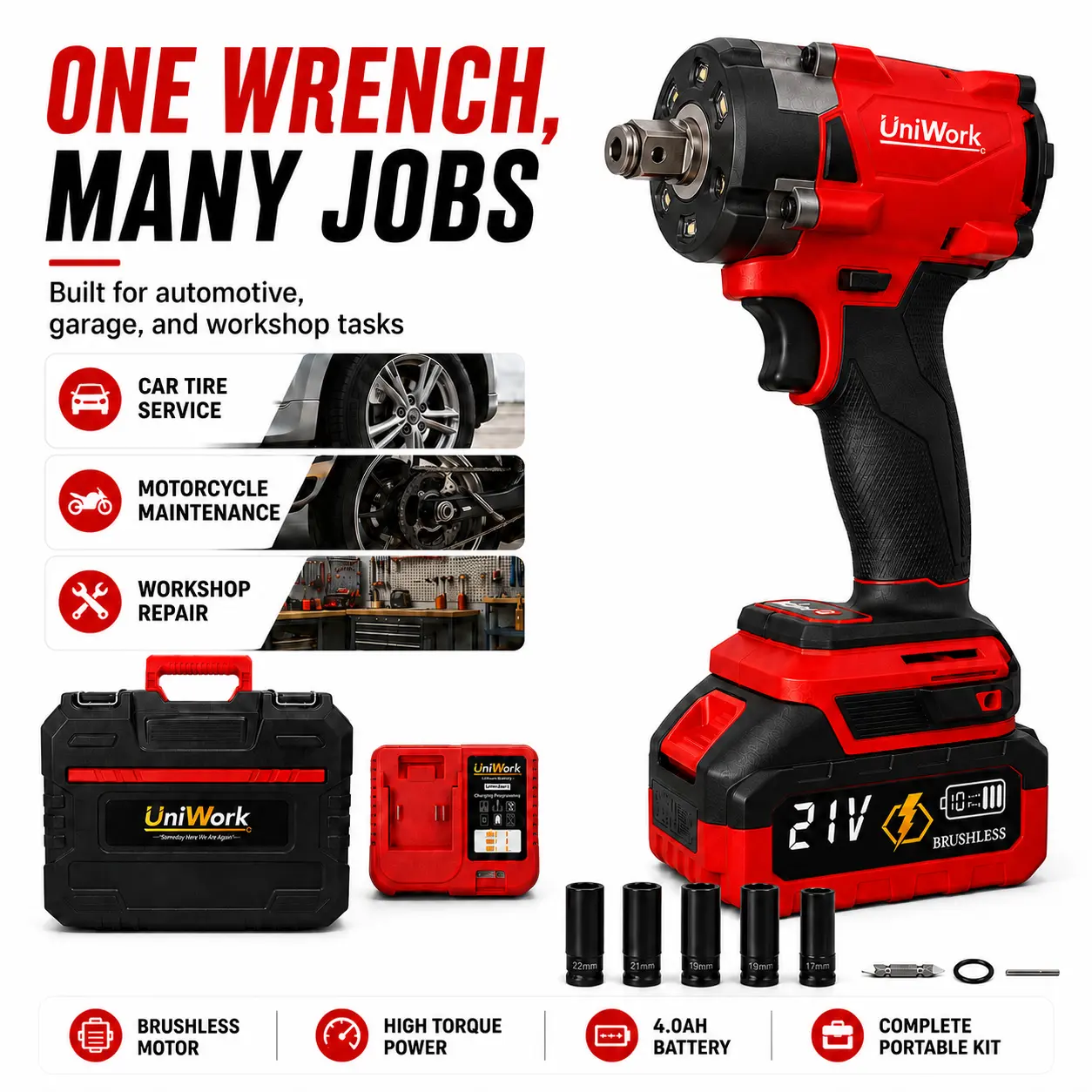 Advanced Electric Impact Wrench Driver Sockets Set Cordless Brushless Wrench Electric Power Tool Kit 1/2" & 1/4" dual drive head for DIY/Professional auto repairs, installation works, cvt maintenance Complete Portable Garage tools