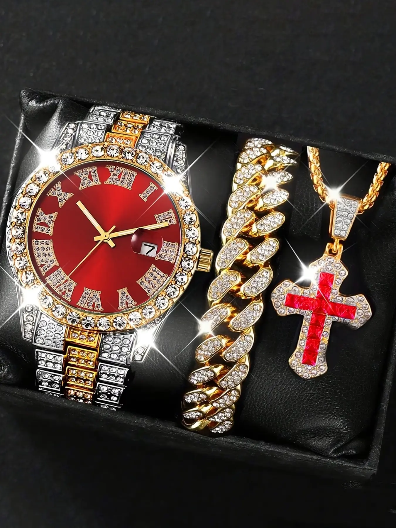 3-piece set of men's classic quartz watch, calendar disc watch with cross pendant necklace bracelet set, battery driven alloy case, perfect gift choice, Trendy Watch Set, Accessory Set