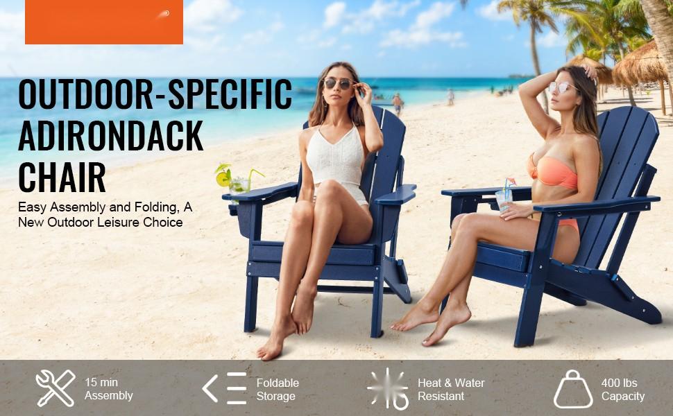 Adirondack Plastic Outdoor Chairs Set of 2, All-Weather Folding Seating, Navy Blue, Weather-Resistant and UV Protected, Durable Patio Garden Furniture for Deck, Porch, Lawn, Easy-Care, Lightweight