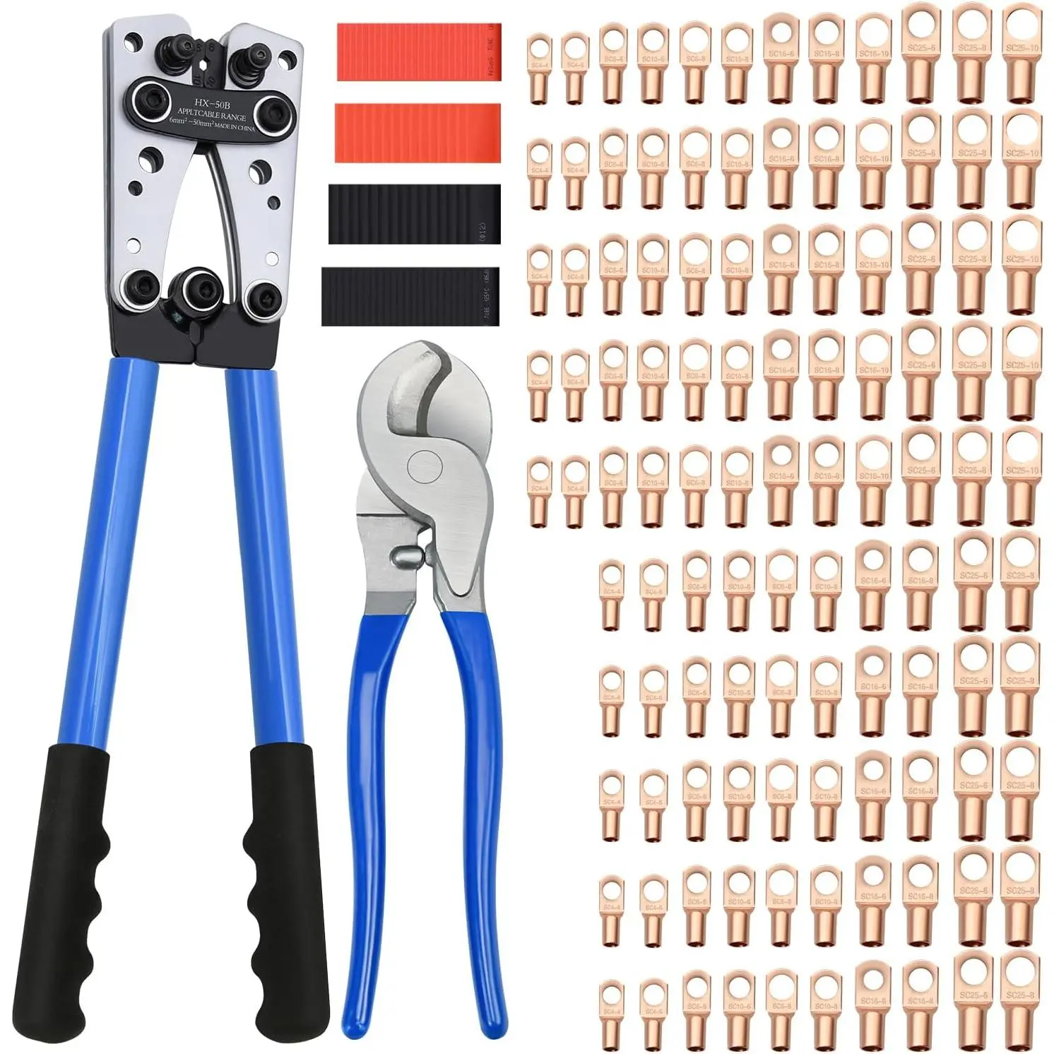 Cable Lug Crimping Tool with 170pcs Copper Wire Lugs, Wire Crimping Tool for AWG 10-1/0 Electrical Lug Crimper, with Cable Cutter, 210pcs Dual Wall Adhesive Heat Shrink Tubing