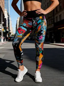 Women's High Waisted Printed Yoga Pants, Colorblock Graffiti Design, Butt Lifting Tummy Control, Casual Sportswear for All Seasons, High Waisted Leggings