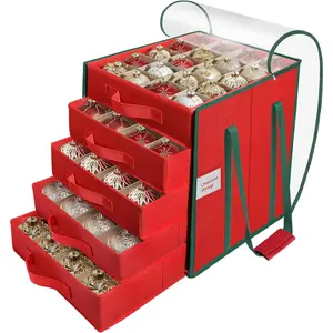 Christmas Ornament Storage Box Stores Up to 100 Count 3 Inch Ornaments 5 Individual Trays Adjustable Dividers 600D Oxford Fabric Large Organizer Bin to Protect and Store Holiday Décor