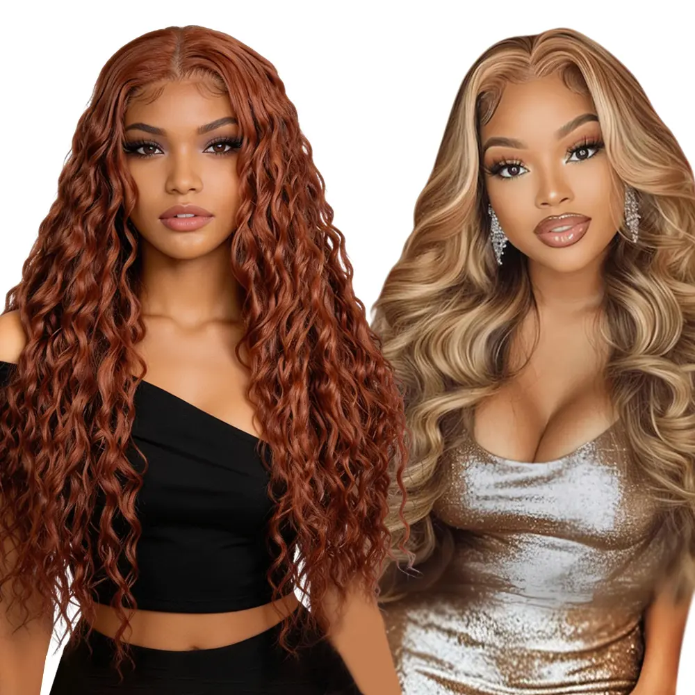 [Blend] Buy 1 Get 1 Free Blended Human Hair Lace Front Wig | 180% Density, Transparent Lace – Hurry! #350 Ocean Wave Wigs & #P4/27 Body Wave Hair Wig #SummerVibes