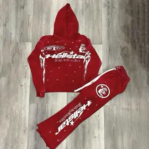 Hellstsr Red Hoodie and Sweatpants Set with White Logos and Stars Design