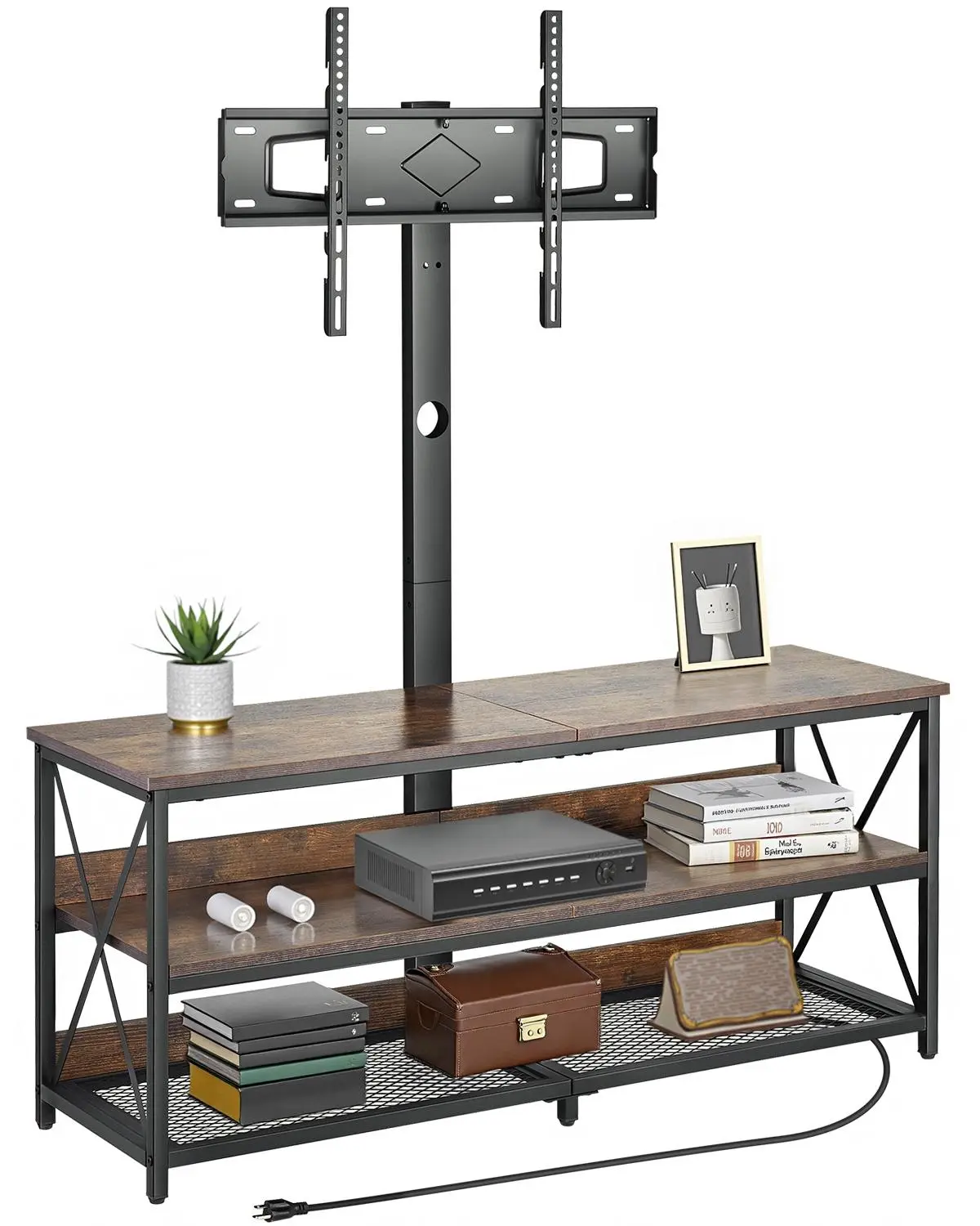 【SummerFinds】VEVOR 48" TV Stand with Mount for up to 75 in TVs, Entertainment Center with Power Outlet, Height Adjustable TV Console with Mount with 3 Tiers Open Storage Cabinets for Bedroom, Living Room, Browm