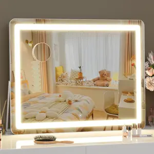 Ligheted vanity mirror with lights 14 x 10 led makeup mirror 3 modes light smart touch control dimmable 360rotation rectangle white frame