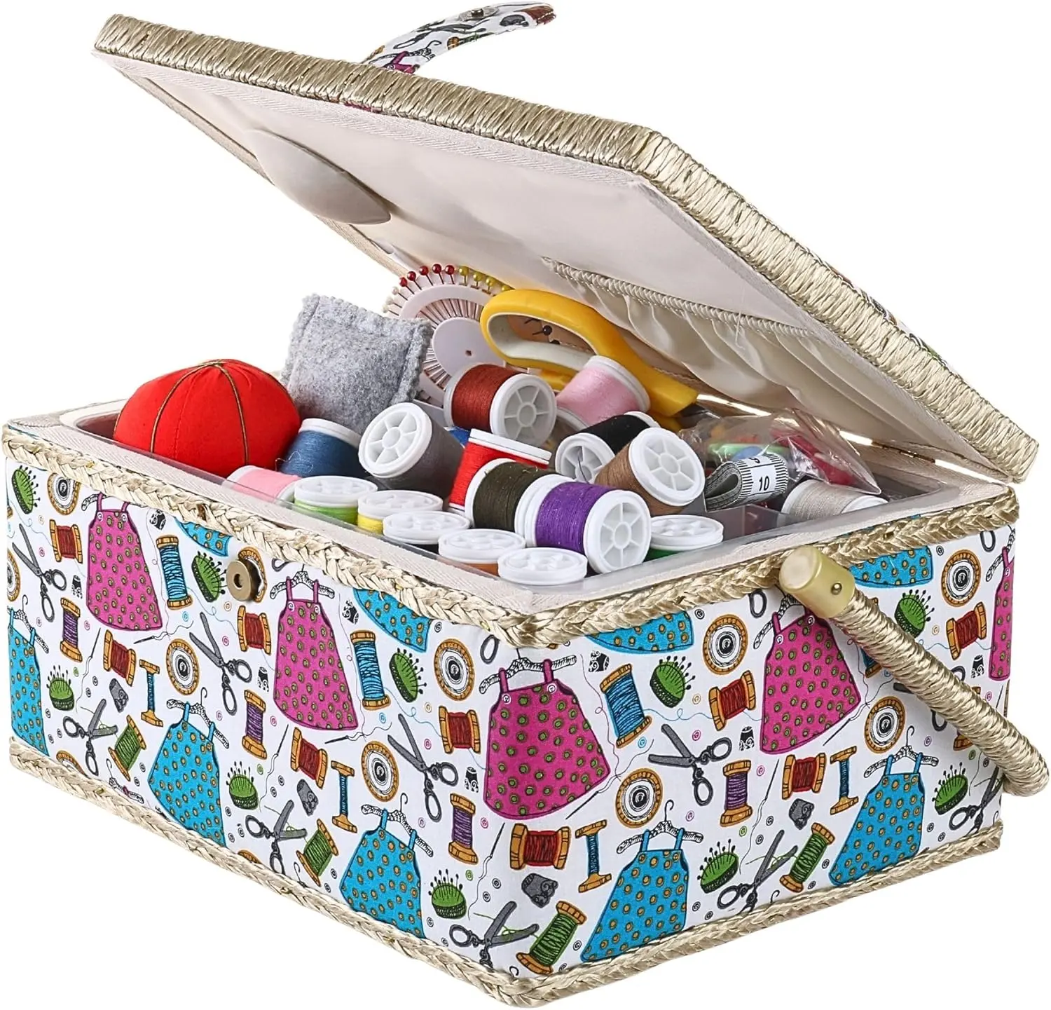 Sewing Box Large with Removable Tray Pincushion, Sew Basket Organizer Storage with Complete Supplies for Mending