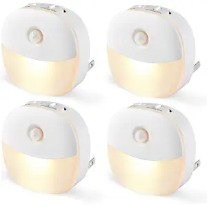 L-RDL004  Plug in Night Light with Motion Sensor and Dusk to Dawn Sensor, Mini Warm White LED Nightlight with 1-50 lm Adjustable Brightness for Bathroom, Hallway, Stairs, Bedroom, Kitchen, 4 Packs
