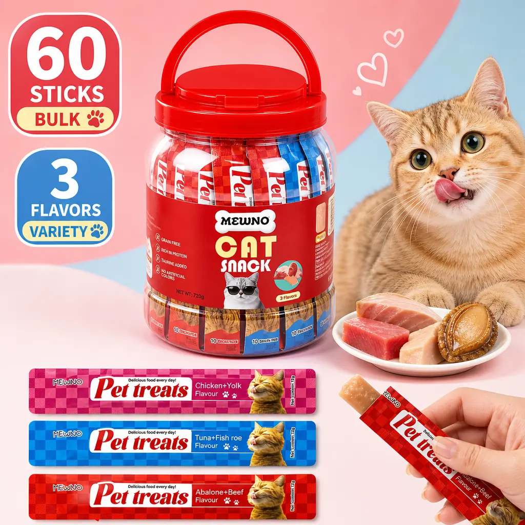 MEWNO Lickable Creamy Cat Food Treats, 60-Sticks Bulk 1kg Jar, Grain-Free Moisturizing High-Moisture Puree Snack Tubes, for Picky All-Ages Kittens (24-Month Shelf Life)