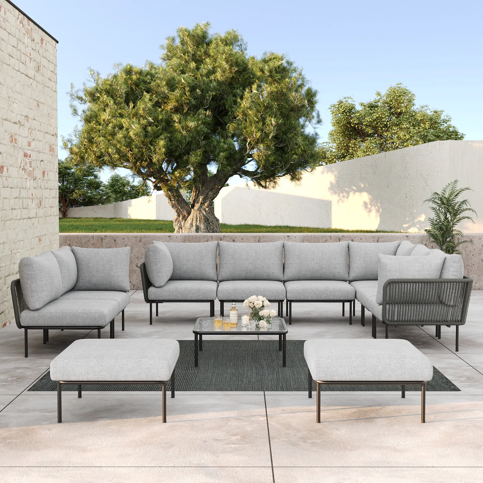 LayinSun 11 Pieces Aluminum Patio Furniture Set, Modern Modular Sectional Sofa with Coffee Table and Upgrade Thickness Cushion, Multiple Packages