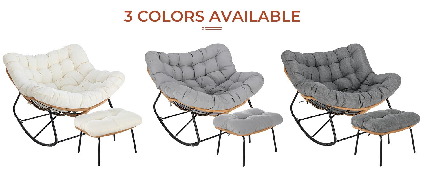 Arlopu Outdoor Papasan Rocking Chair with Ottoman, Oversized Padded Lounge Rocker with Cushion, Comfy Wicker Egg Lounge Chair, Large Indoor Rocking Recliner for Living Room/Porch/Garden