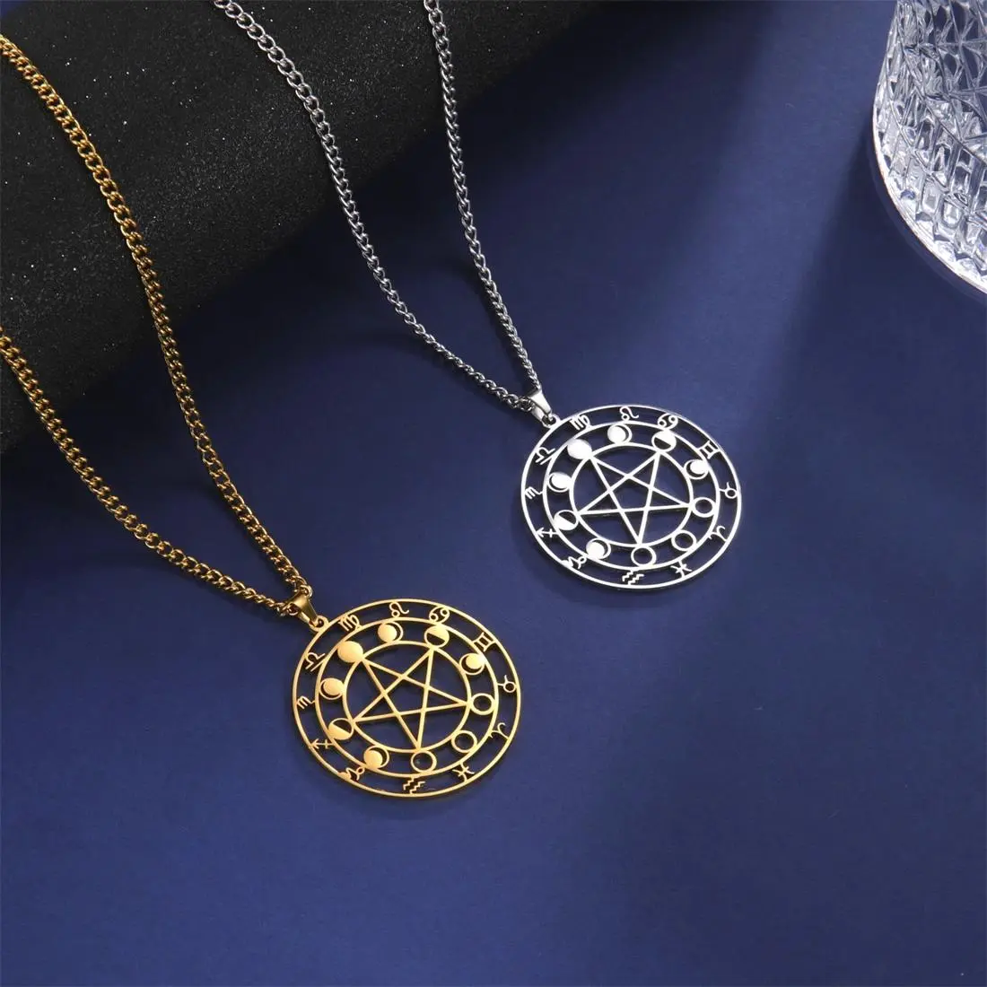 Stainless Steel Pentagram Moon Phase Necklaces for Women - Artistic Cosmic Symbol Necklaces with 12 Constellations Zodiac Pendant Chain Amulet Jewelry, Artistic Necklaces