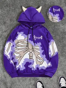 Men's Colorblock Skull Print Drop Shoulder Graphic Print Hoodie Pullover, Fashion Casual Regular Fit Drawstring Hooded Sweatshirt for Daily Holiday Outdoor Wear, Men Clothes for Fall & Winter
