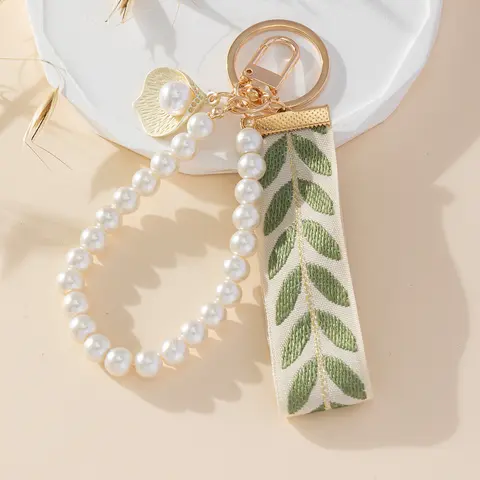Women's Stylish Alloy Keychain - 14cm Length, Elegant Leaf Motif, Fabric Wristlet Strap with Pearl-Shell Charm, Thanksgiving Gift, Keychain for Car Keys & Purse, Durable Daily Fashion Accessories for Women