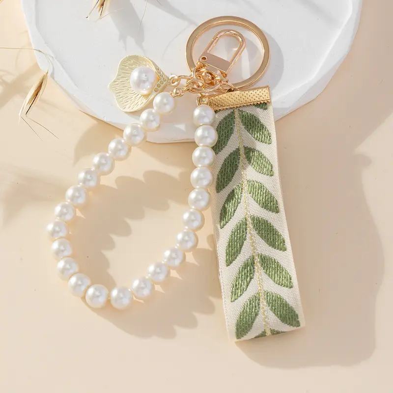 Women's Stylish Alloy Keychain - 14cm Length, Elegant Leaf Motif, Fabric Wristlet Strap with Pearl-Shell Charm, Thanksgiving Gift, Keychain for Car Keys & Purse, Durable Daily Fashion Accessories for Women