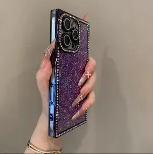 Electroplated Rhinestone Frame Sequin iP 16 Pro Phone Case Compatible with iP 15 14 13 Shockproof Protective Golden Customized Cover Casing