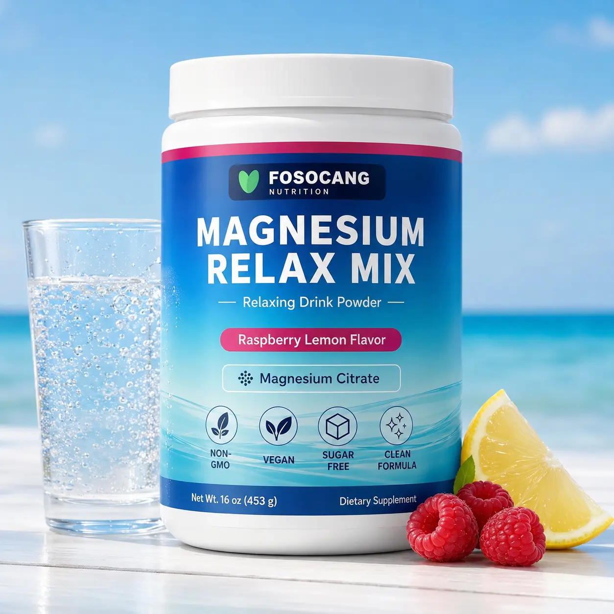 FoSoCang Relaxing Anti-Stress Drink Mix - Ionic Magnesium Citrate + Glycinate - Raspberry-Lemon Flavor - Vegan GMO-Free Gluten-Free - 16 oz (453 g) - 113 Servings - Health & Wellness Dietary Supplement