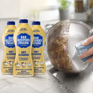 Bar Keepers Friend Soft All-Purpose Cleaner, limescale, calcium buildup, water rings, faucet grime, tile grout, fiberglass tub, glass shower wall, oven door, ceramic cookware, stainless pans, chrome fixtures, gentle scrub, antibacterial, fresh clean